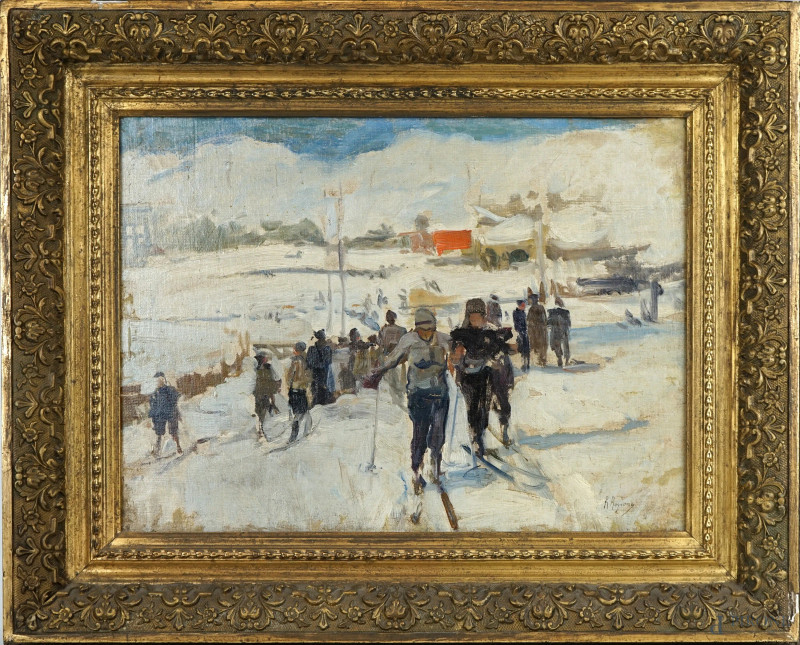 Sciatori, olio su tela, cm 33x45,5, firmato R.Ragione, entro cornice  - Asta ASTA DI ANTIQUARIATO E ARTE MODERNA - Aste Pirone