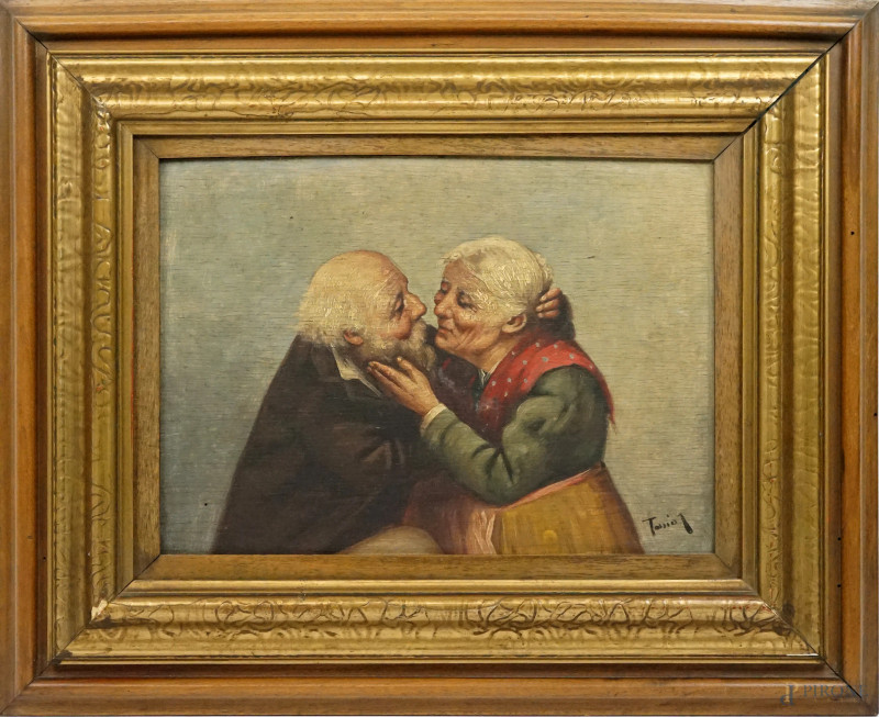 L'amore non ha età, olio su compensato, cm 26x35, firmato, entro cornice.  - Asta ASTA A TEMPO DI ANTIQUARIATO E ARTE MODERNA - Aste Pirone