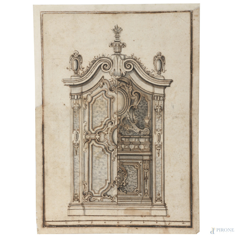 Studio architettonico, XVIII-XIX secolo, tecnica mista su carta, cm 28x20, (segni di usura, tracce di umidità, gore, foxing, lacerazioni della carta, tracce di piegatura)  - Asta RAPIDA SOLIS - Aste Pirone