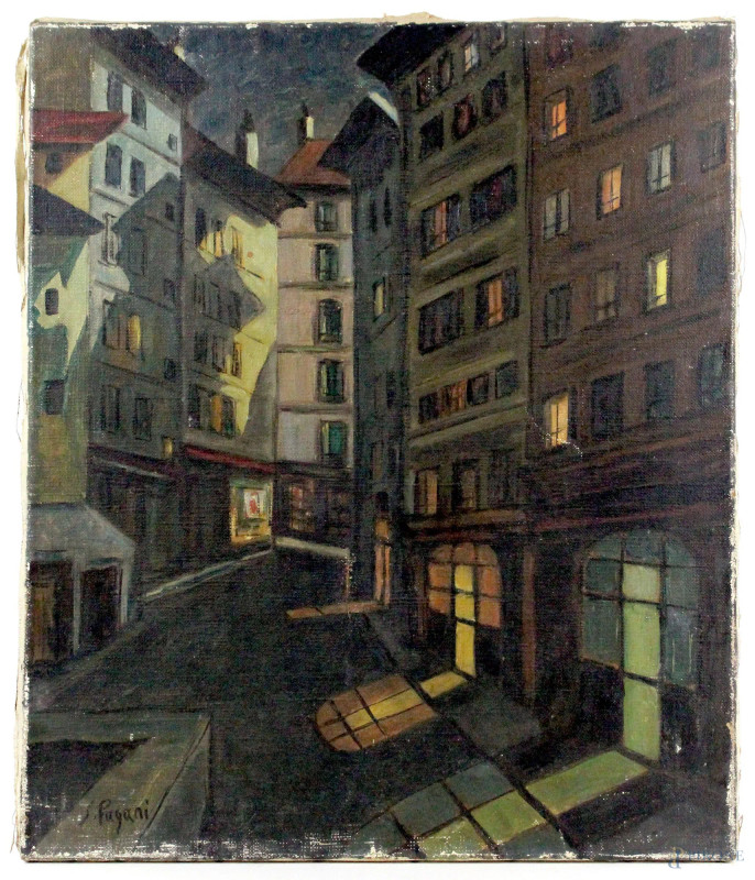 Scorcio urbano, olio su tela, cm 55,5x46, firmato  - Asta PRIMA TORNATA D' ASTA A TEMPO DI FINE STAGIONE - Aste Pirone