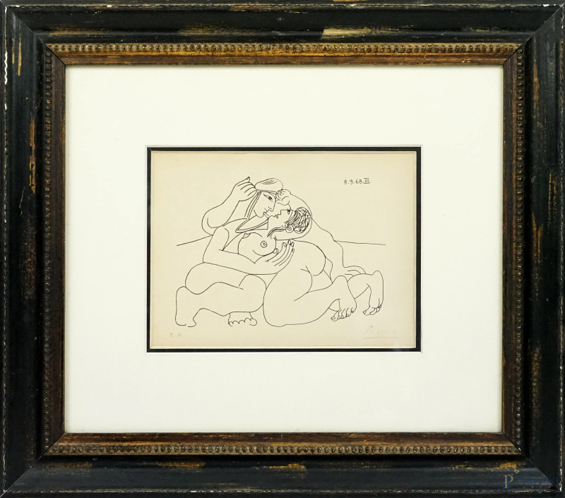 Pablo Picasso : Amanti, incisione, cm 19x26 circa, esemplare E.A., 1968, entro cornice.  - Asta ASTA A TEMPO DI ANTIQUARIATO E ARTE MODERNA - Aste Pirone