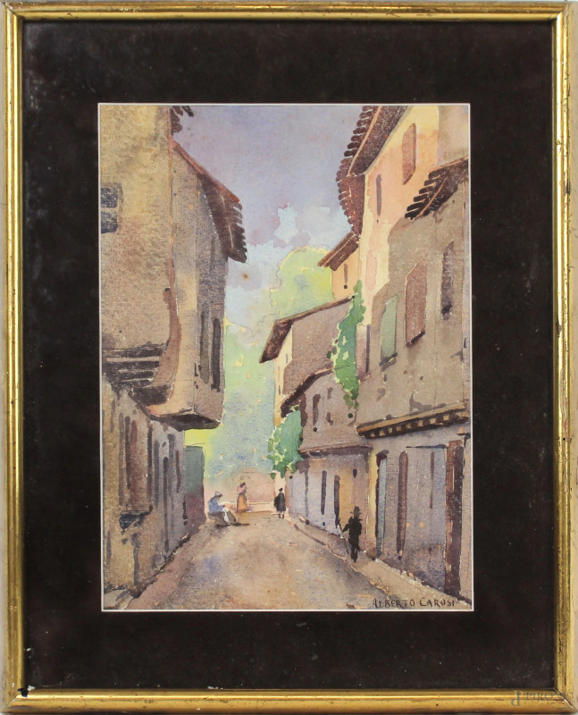 Scorcio di paese laziale, acquarello su carta, cm 27x20, firmato, entro cornice.  - Asta ANTIQUARIATO E ARTE MODERNA - Aste Pirone