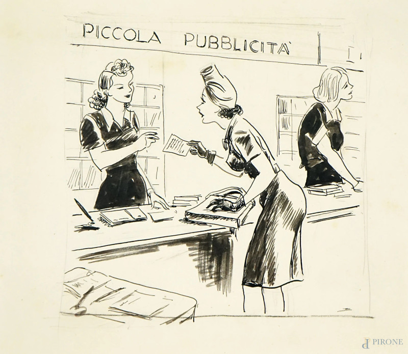 Luigi  Bompard : Piccola pubblicità, tecnica mista su carta, cm 23x20  - Asta ASTA A TEMPO - Aste Pirone