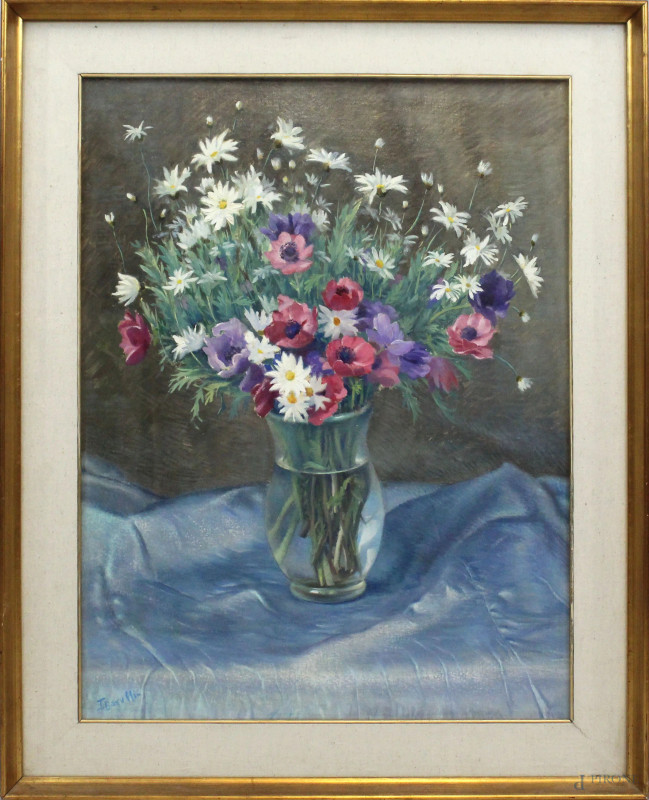 Vaso con fiori, olio su cartone, cm 66x49, firmato, entro cornice.  - Asta ASTA DI ARTE MODERNA E ANTIQUARIATO - Aste Pirone