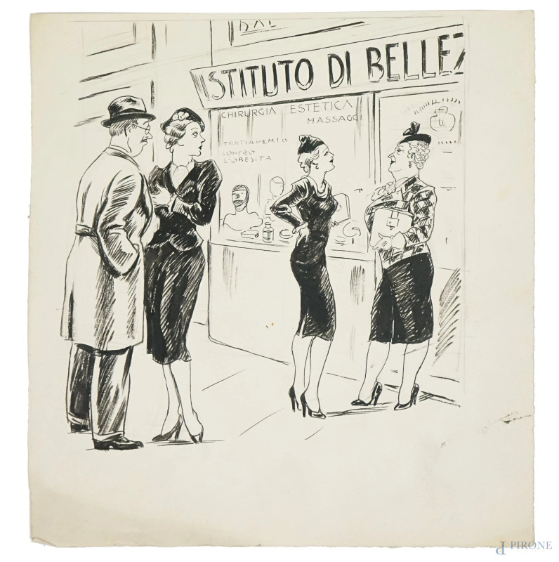 Luigi  Bompard : All'Istituto di bellezza, china su carta, cm 25,5x24  - Asta I TORNATA DI ASTA A TEMPO DI ARTE MODERNA E ANTIQUARIATO - Aste Pirone