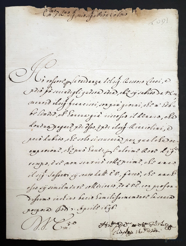 Antico manoscritto del 1696 su carta vergata e filigranata  - Asta ASTA A TEMPO DI FINE STAGIONE - Aste Pirone