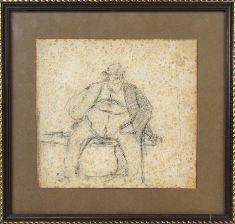 Figura d'uomo seduto, disegno a matita su carta, cm 20x21,5  - Asta ANTIQUARIATO E ARTE MODERNA - Aste Pirone