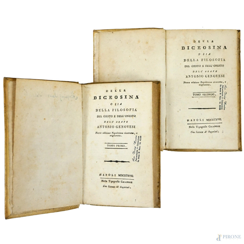 Della Diceosina o sia della filosofia del giusto e dell'onesto dell'Abate Antonio Genovesi, tomo primo e tomo secondo, Tipografia Chianese, Napoli, 1827, (difetti)  - Asta ASTA DI ARTE MODERNA, CONTEMPORANEA E VINTAGE - Aste Pirone