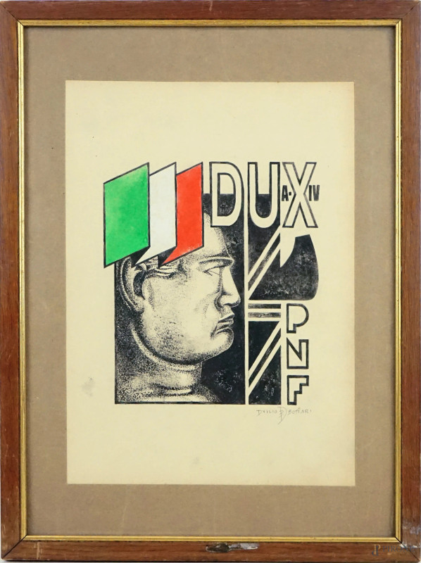 Propaganda fascista, tecnica mista su carta, cm 32,5x22,5, firmato, entro cornice  - Asta II TORNATA DI ASTA DI ARTE MODERNA E ANTIQUARIATO - Aste Pirone