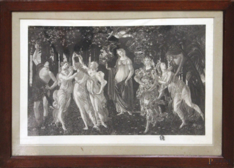 Antica stampa raffigurante La Primavera di Botticelli, cm 54x89, entro cornice.  - Asta SECONDA TORNATA D' ASTA A TEMPO DI FINE STAGIONE - Aste Pirone