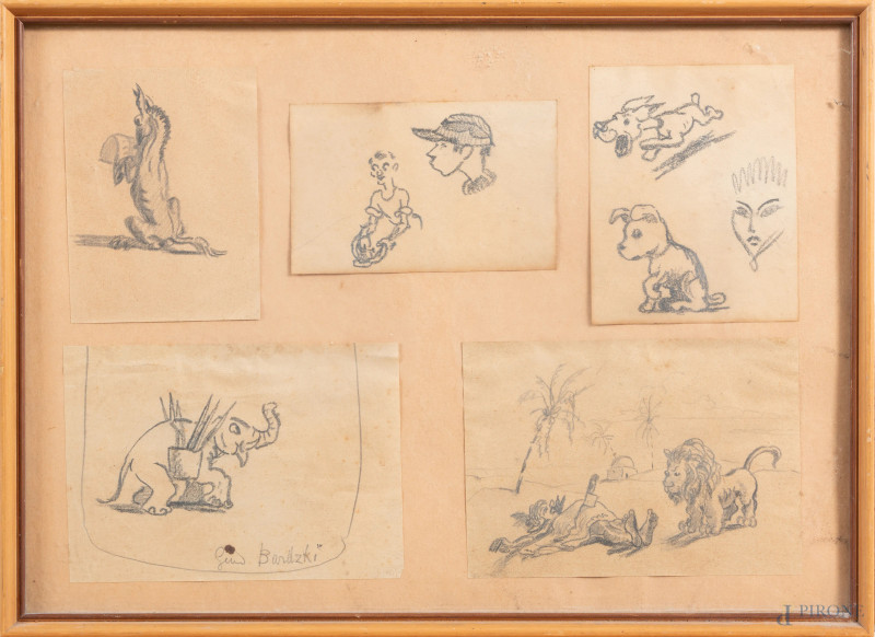 Lotto di cinque disegni entro unica cornice, XX secolo, misure complessive cm 23x33, entro cornice, (segni di usura, difetti, foxing, ondulazioni della carta, bruniture)  - Asta RAPIDA SOLIS - Aste Pirone