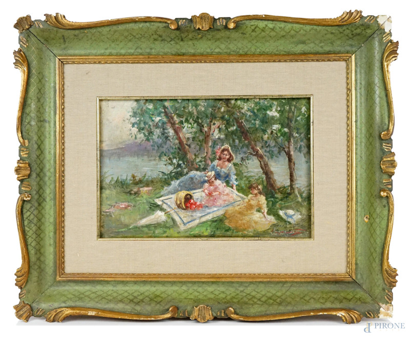 Il Pic-nic, olio su tavola, cm 20x29,5, firmato, entro cornice.  - Asta II TORNATA DI ASTA DI ARTE MODERNA E ANTIQUARIATO - Aste Pirone