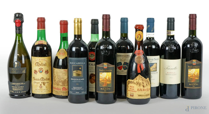 Selezione di 11 bottiglie di vino bianco e rosso, (difetti)  - Asta I TORNATA DI ASTA A TEMPO DI ARTE MODERNA E ANTIQUARIATO - Aste Pirone