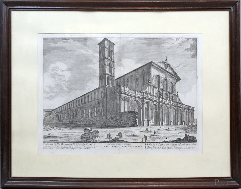 Stampa raffigurante "Veduta della Basilica di S.Paolo fuori delle mura eretta da Costantino Magno", cm 58x76, inventore Jean Barbault (1705-1766), disegnatore Freicenet (1725-1774), entro cornice.  - Asta ASTA DI ARTE MODERNA E ANTIQUARIATO - Aste Pirone