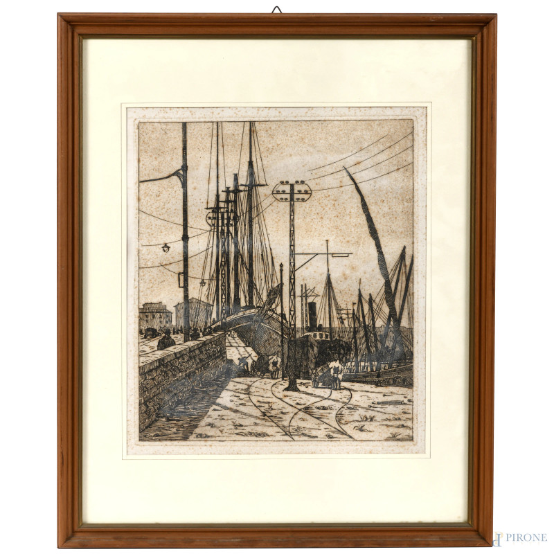 Al porto, XX secolo, incisione su carta, cm 51x41 compreso passepartout, entro cornice, (ondulazioni della carta, gore e foxing diffusi)  - Asta ASTA A TEMPO | VARIÆ - Aste Pirone