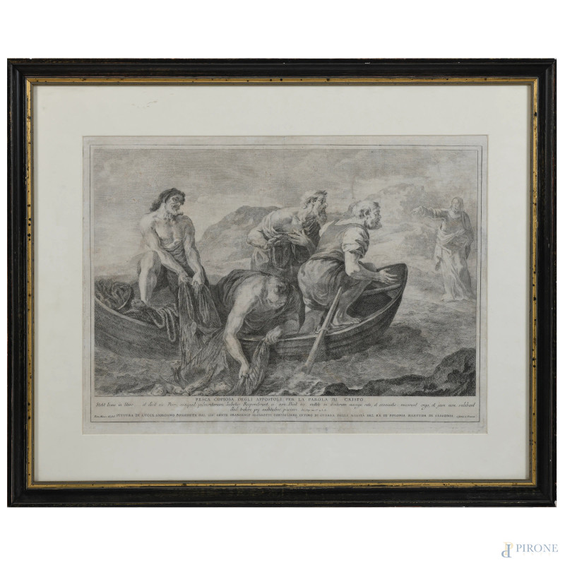 Pietro Monaco (1707-1772) "Pesca copiosa degli Apostoli per la parola di Cristo" di Luca Giordano, acquaforte, cm 51,5x64,5 compreso passepartout, entro cornice, (lievi segni di usura e segni di piegatura della carta)  - Asta ASTA A TEMPO | PICTA MANENT - Aste Pirone