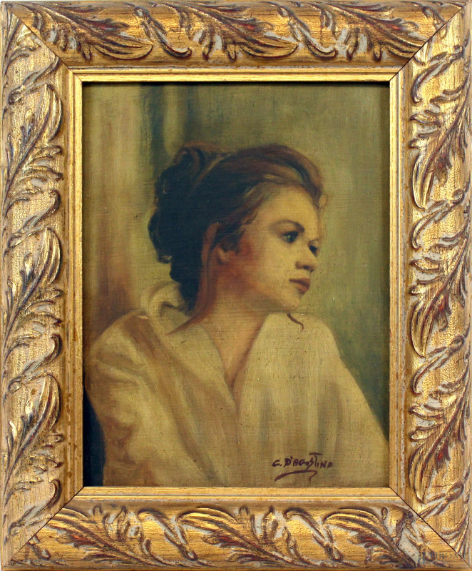 Ritratto di ragazza, olio su tavola, cm 23x18, firmato G.D'Agostino, entro cornice.  - Asta ASTA A TEMPO - DUE SESSIONI - Aste Pirone