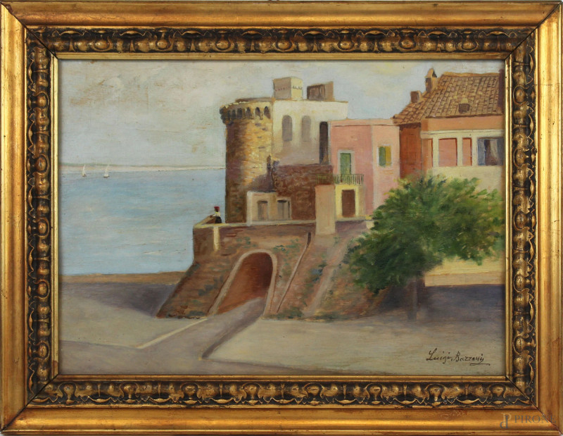 Scorcio costiero con castello, olio su tavola, cm 27x38, firmato, entro cornice.  - Asta ANTIQUARIATO E ARTE MODERNA - Aste Pirone