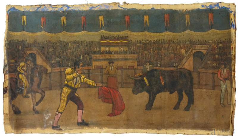 La corrida, olio su tela, cm 66x120, firmato, (mancante telaio, difetti).  - Asta ASTA A TEMPO - Aste Pirone