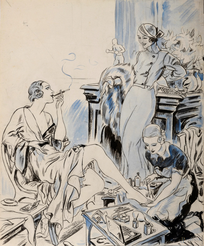 Luigi Bompard (1879 - 1953), La pedicure, tecnica mista su carta, cm 34x28, (lievi segni di usura del tempo)  - Asta ASTA A TEMPO | VARIÆ - Aste Pirone