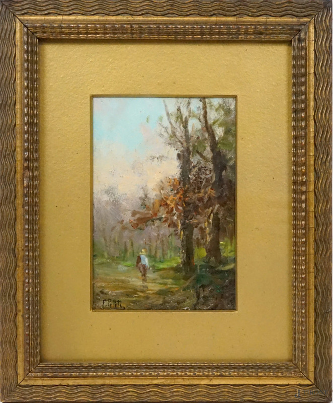 Paesaggio con viandante, olio su cartone, cm 23x13,5, firmato, entro cornice.  - Asta ASTA A TEMPO DI ANTIQUARIATO E ARTE MODERNA - Aste Pirone