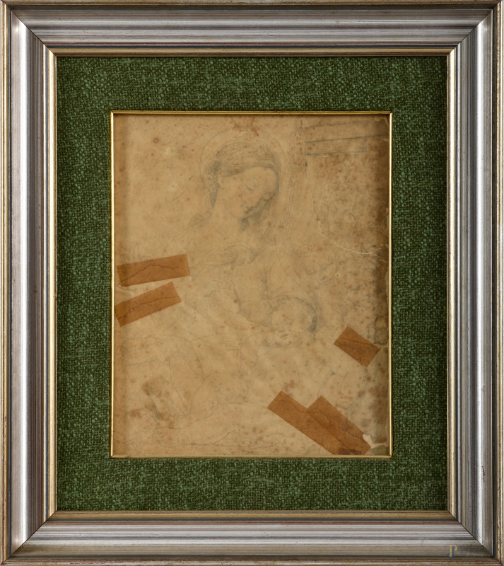 Madonna con Bambino, disegno su carta, cm 29x23 entro cornice, (foxing, gore, tracce di usura, strappi, difetti)  - Asta ASTA A TEMPO | IMAGO - Aste Pirone