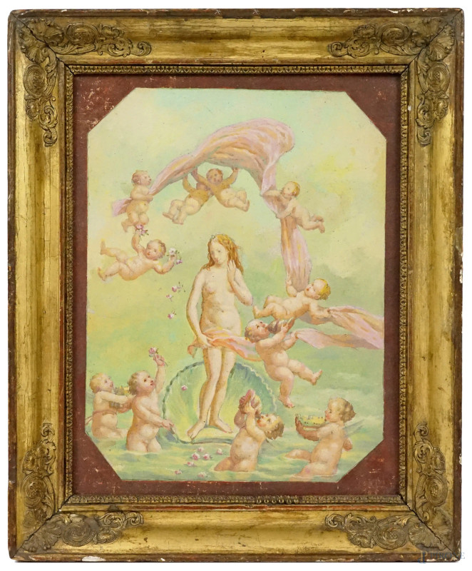 Nascita di Venere, olio su tela applicata su tavoletta, cm 32x25, XX secolo, entro cornice  - Asta ASTA A TEMPO di Arte Moderna e Antiquariato - Aste Pirone