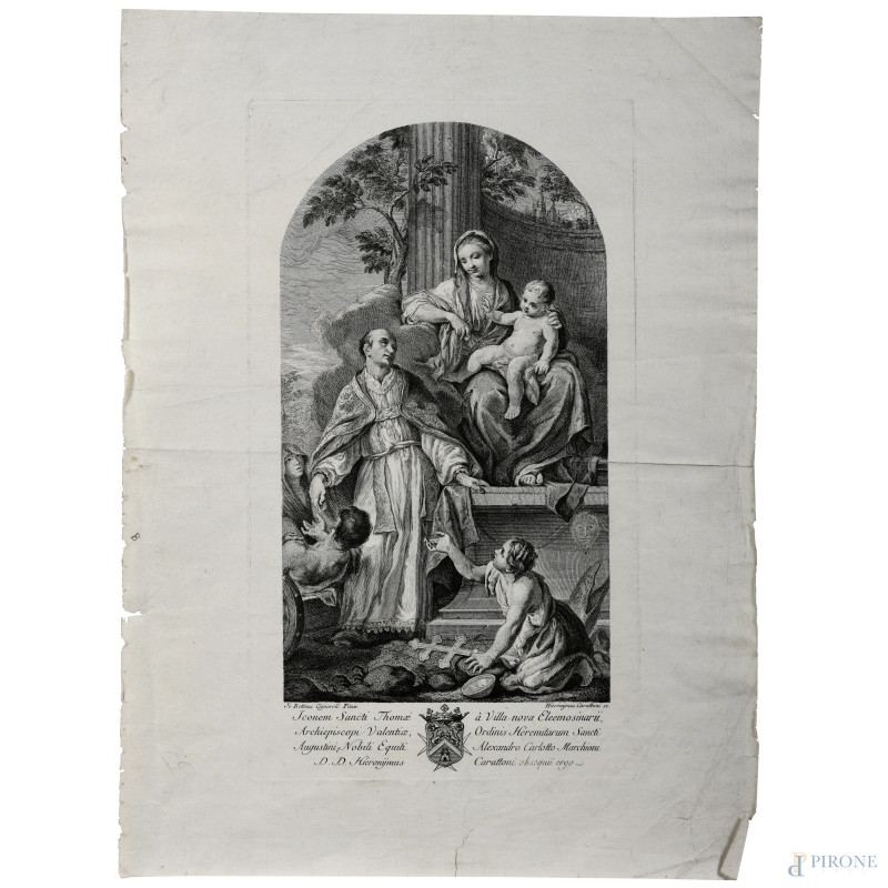 Madonna con Bambino e San Tommaso da Villanova, XVIII-XIX secolo, incisione su carta, cm 43,5x32, (segni di usura, tracce di umidità, gore, foxing, lacerazioni della carta, tracce di piegatura)  - Asta RAPIDA SOLIS - Aste Pirone