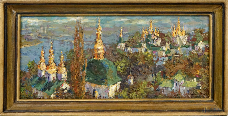 Veduta di Kiev, olio su tela applicata su masonite, cm 23x50,  XX secolo, entro cornice.  - Asta ASTA A TEMPO DI ANTIQUARIATO E ARTE MODERNA - Aste Pirone