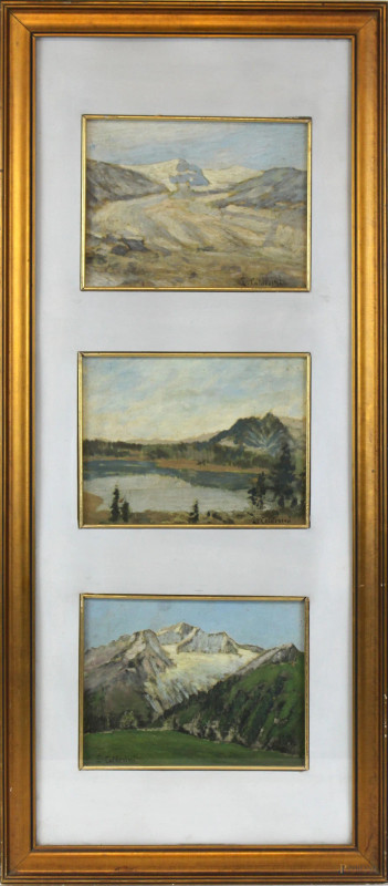 Lotto di tre paesaggi montani, olio su masonite, cm 15x20, firmati, entro un'unica cornice, (ingombro totale cm 71x31)  - Asta ASTA DI ARTE MODERNA E ANTIQUARIATO - Aste Pirone