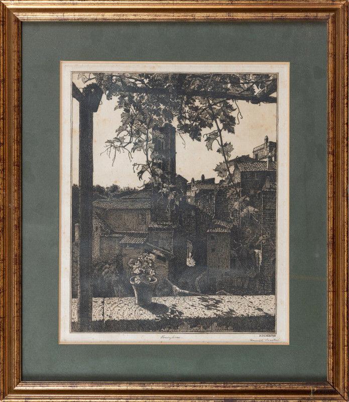 Benvenuto Maria Disertori, Ronciglione, acquaforte su carta, cm 54,5x46 compreso passepartout, firmato in basso a destra, entro cornice, (segni di usura, ondulazioni della carta, foxing, gore, tracce di umidità)  - Asta RAPIDA SOLIS - Aste Pirone
