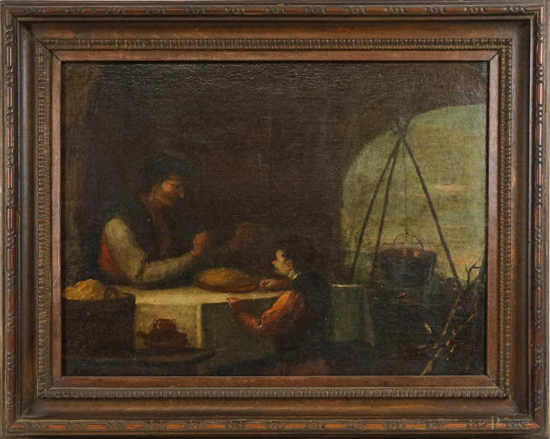 Pittore del XVIII secolo, Mangiatori di polenta, olio su tela, cm 35x46,5, entro cornice  - Asta ASTA DI ANTIQUARIATO E ARTE MODERNA - Aste Pirone