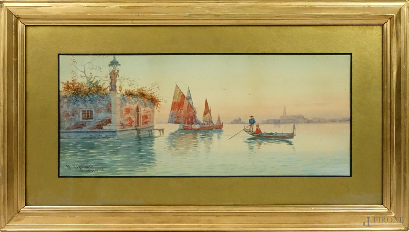 Laguna veneta all'alba, acquarello su carta, cm 18,5x44,5, firmato, entro cornice.  - Asta ASTA A TEMPO DI ANTIQUARIATO E ARTE MODERNA – DUE SESSIONI - Aste Pirone