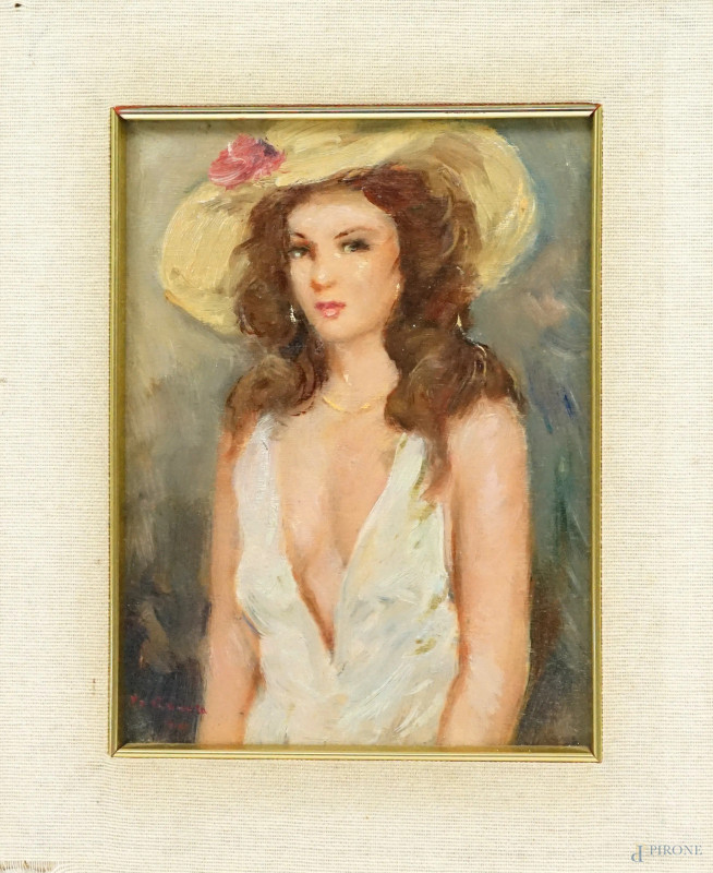 Donna con cappello, olio su compensato, cm 19x15, firmato, entro cornice.  - Asta ASTA A TEMPO DI ANTIQUARIATO E ARTE MODERNA - Aste Pirone