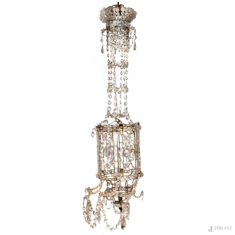 Lampadario in metallo e vetro, XX secolo, altezza cm 107 circa, (segni di usura, difetti, rotture, mancanze, da revisionare)  - Asta RAPIDA SOLIS - Aste Pirone