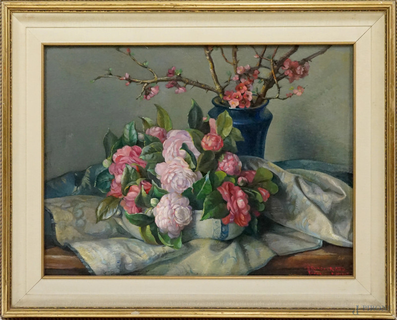 Natura morta - Fiori, olio su compensato, cm 46x60, firmato, entro cornice.  - Asta ASTA A TEMPO DI ANTIQUARIATO E ARTE MODERNA – DUE SESSIONI - Aste Pirone