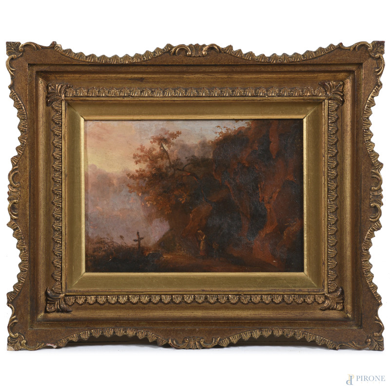 Al crepuscolo, XIX secolo, olio su carta applicata su cartone telato, cm 15,5x22, (segni di usura, abrasioni, segni di battitura, craquelure, sollevamenti di colore, ondulazioni della carta, lacerazioni, difetti)  - Asta ASTA A TEMPO | ELECTA - Aste Pirone