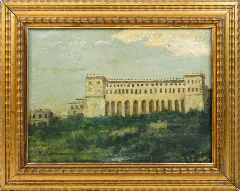 Paesaggio con castello, olio su cartone, cm 28x39, firmato, entro cornice.  - Asta ASTA A TEMPO DI ANTIQUARIATO E ARTE MODERNA – DUE SESSIONI - Aste Pirone