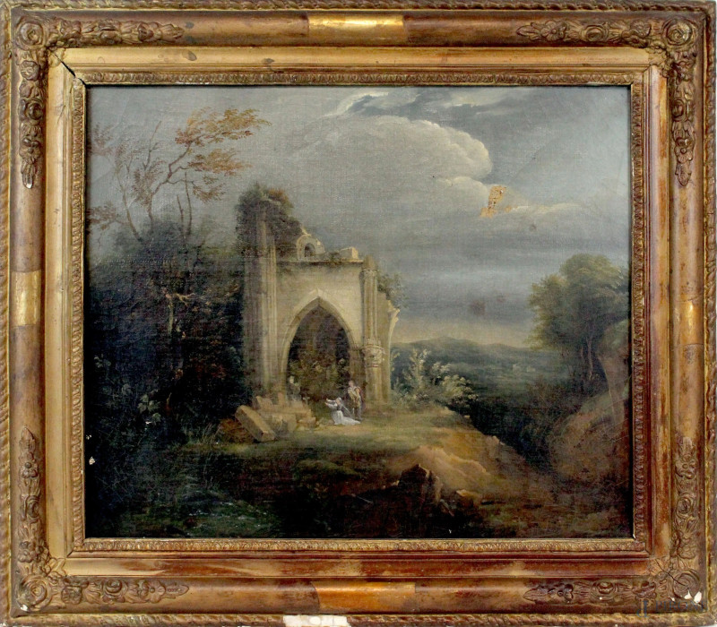 Scuola francese del XIX secolo, Paesaggio con rovine di chiesa gotica, olio su tela, firmato e datato "S.S. 1831", entro cornice, (cadute di colore).  - Asta ANTIQUARIATO E ARTE MODERNA - Aste Pirone