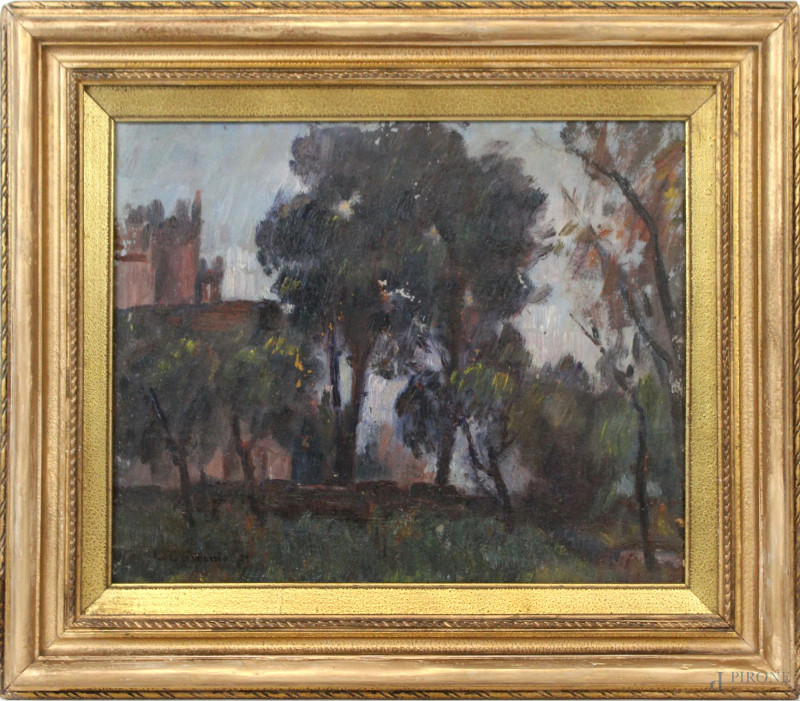 Villa ed alberi, olio su tavola, cm 32x39, dipinto double face, firmato, entro cornice.  - Asta ANTIQUARIATO E ARTE MODERNA - Aste Pirone