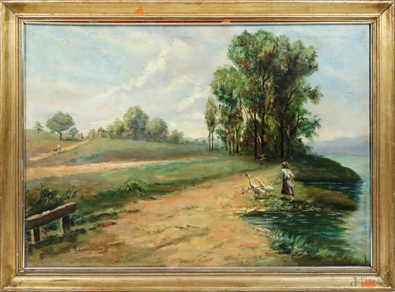 Paesaggio con fanciulla con oche, olio su tela, cm 49x68,5, firmato A. Campriani, entro cornice.  - Asta ASTA A TEMPO DI ANTIQUARIATO E ARTE MODERNA - Aste Pirone