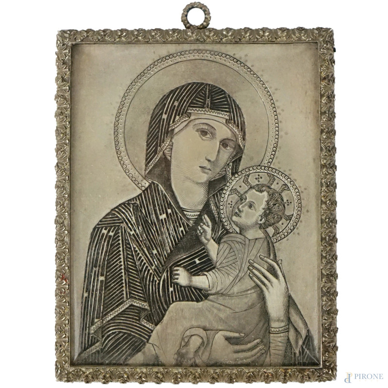 Mario Buccellati, Madonna col Bambino, miniatura incisa in argento con  cornice a palmette, iscrizione della manifattura a tergo, cm 6x4,8, peso gr. 57  - Asta ASTA A TEMPO - Aste Pirone