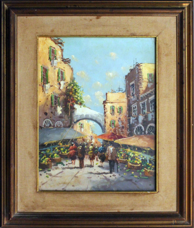 Scorcio di strada con figure, olio su cartone telato cm40x30, entro cornice.  - Asta PRIMA TORNATA D' ASTA A TEMPO DI FINE STAGIONE - Aste Pirone