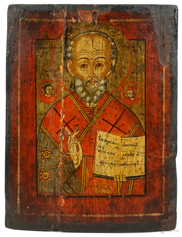 Icona raffigurante San Nicola, Russia, XIX secolo, tempera su tavola, cm 28x21,5, (difetti).  - Asta ASTA A TEMPO di Arte Moderna e Antiquariato - Aste Pirone