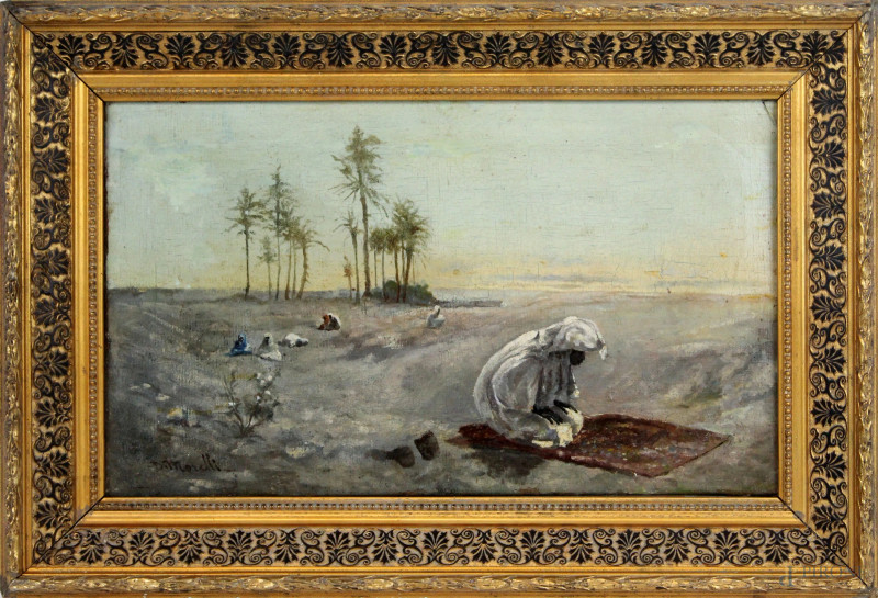 Preghiera nel deserto, olio su tela, cm 24x41, firmato, entro cornice.  - Asta ANTIQUARIATO E ARTE MODERNA - Aste Pirone