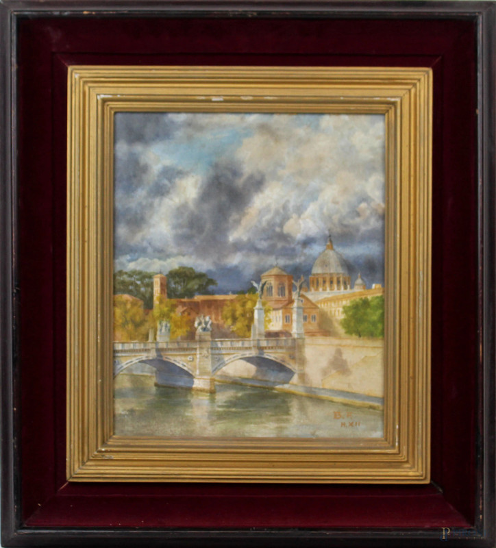 Scorcio su Ponte Sant'Angelo, acquarello su carta, cm 31x26, siglato, entro cornice.  - Asta ANTIQUARIATO E ARTE MODERNA - Aste Pirone