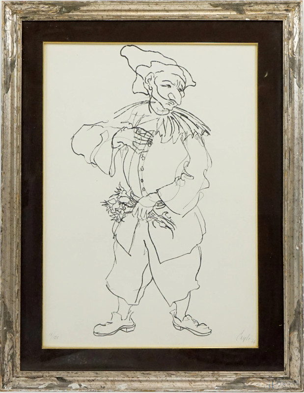 Corrado Cagli : Pulcinella innamorato, serigrafia, cm 68,5x48, es. 18/125, firmata Cagli '74, entro cornice  - Asta ASTA DI ARTE MODERNA, CONTEMPORANEA E VINTAGE - Aste Pirone