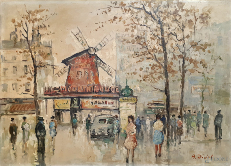 Maurice Utrillo (seguace) Viale parigino con Moulin Rouge, anni 40, dipinto ad olio su tela, cm 50x70, firmato  - Asta ASTA A TEMPO DI ANTIQUARIATO E ARTE MODERNA - Aste Pirone