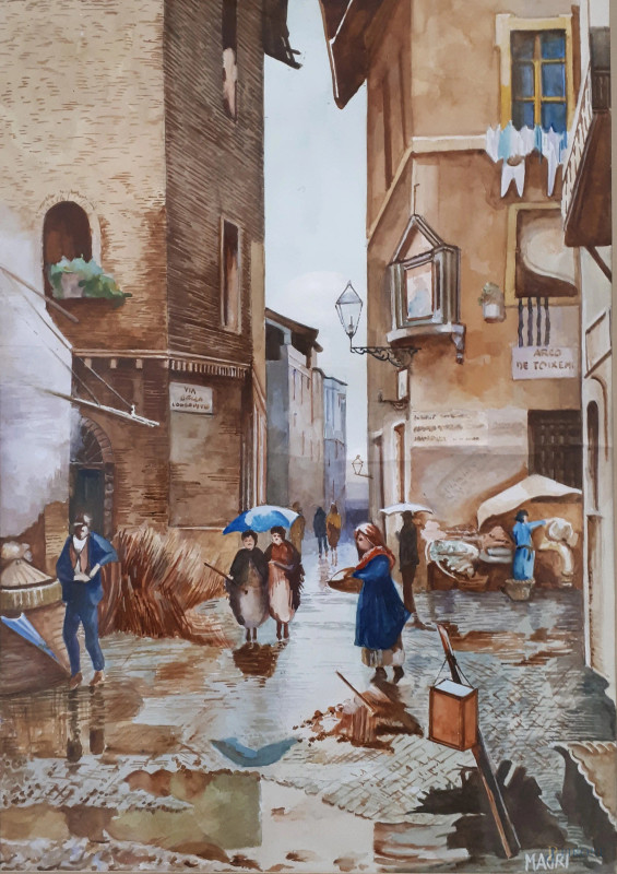 Enzo Magri seguace di Ettore Roesler Franz, Roma sparita - via della Longaretta, acquarello su carta, cm 44x32, firmato  - Asta I TORNATA DI ASTA A TEMPO DI ARTE MODERNA E ANTIQUARIATO - Aste Pirone