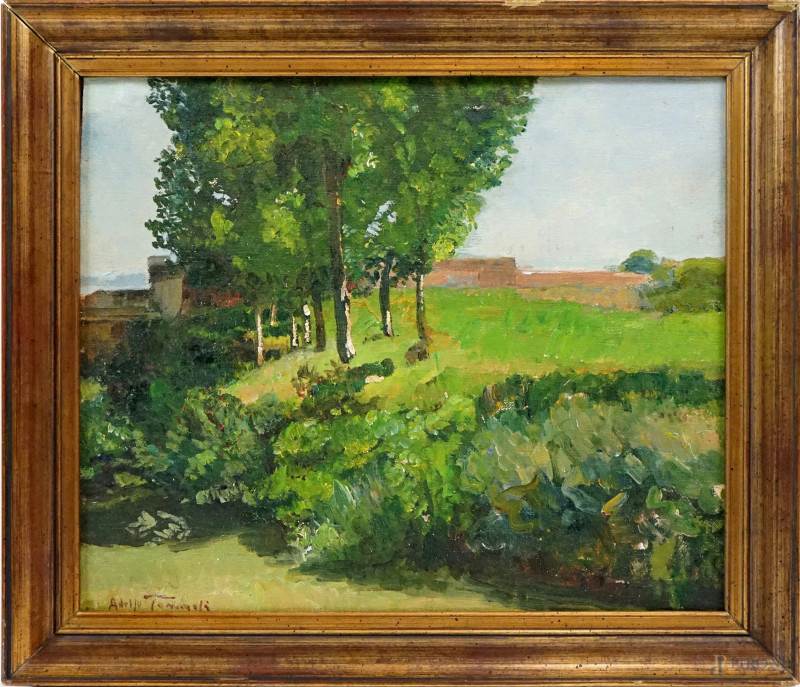 Adolfo Tommasi : Paesaggio toscano, olio su tela riportata su compensato, cm 38x47, entro cornice  - Asta II TORNATA DI ASTA DI ARTE MODERNA E ANTIQUARIATO - Aste Pirone